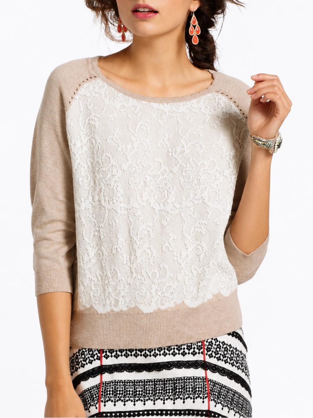 Anthropologie Knitted & Knotted Jacquard Lace Raglan Sweater Pink Cream Size S